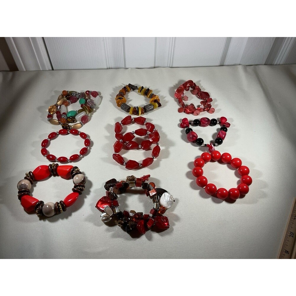 Lot 10 Stretch Bracelets Red Black Silver Tone Beaded Stackable Jewelry Classic